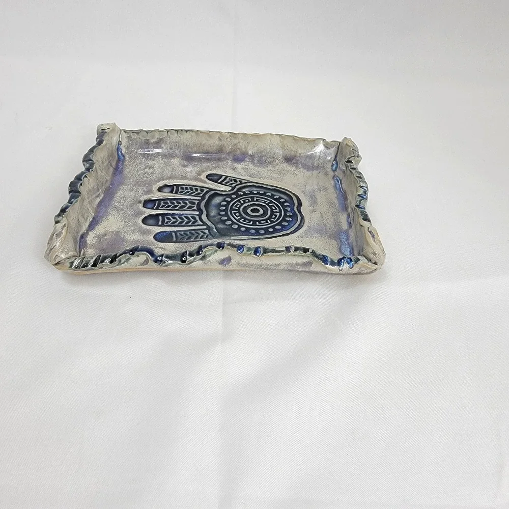 Artist Signed Healing Hand Hamsa Trinket Tray  Blue  Ceramic Pottery